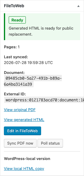 Ready FileToWeb status panel with original, generated, editor, sync, poll, and local HTML actions