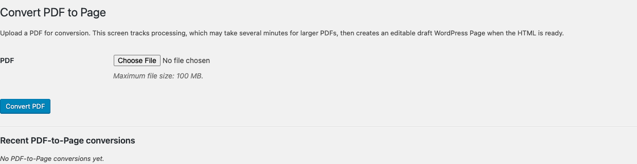 Convert PDF to Page upload screen with the Convert PDF action and recent conversion area