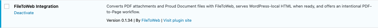 FileToWeb Integration plugin row with the Deactivate action