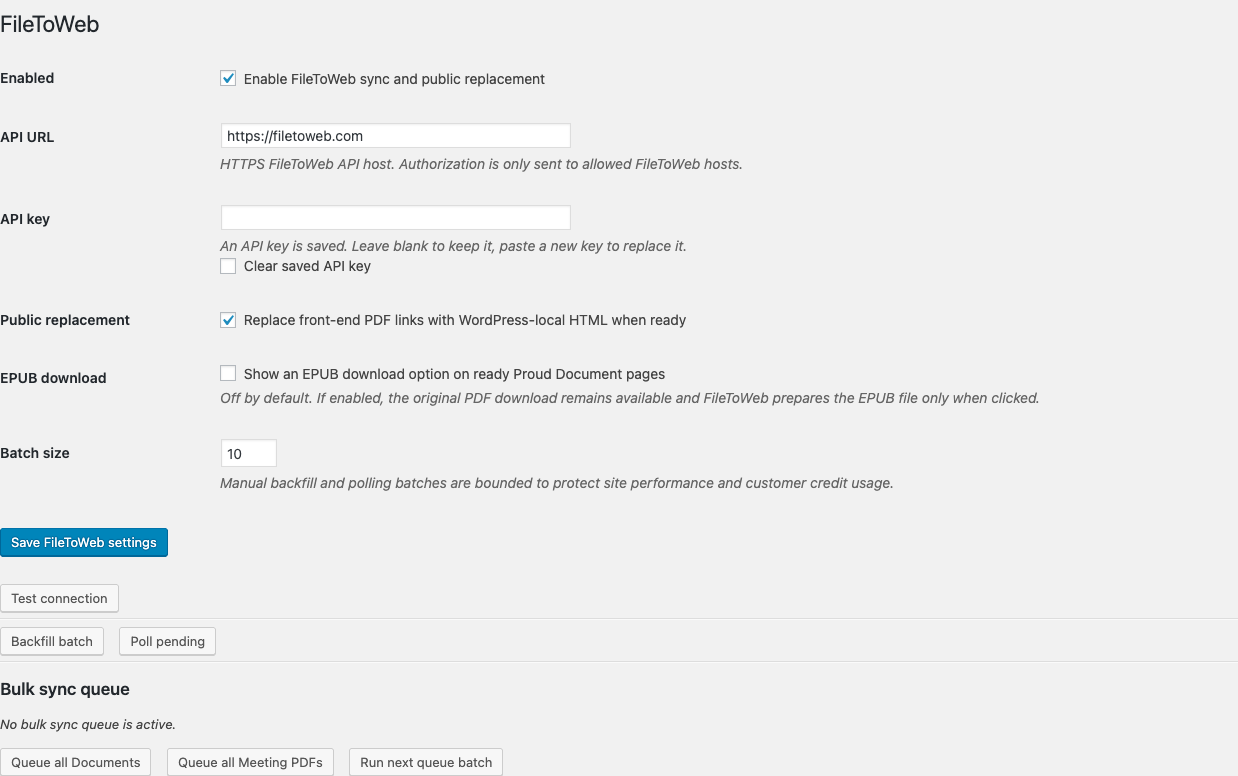 FileToWeb WordPress settings with connection, public replacement, batch, polling, and queue controls